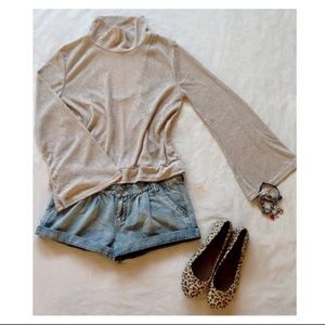 Mock Turtle Neck Taupe Open-Back Knit Top